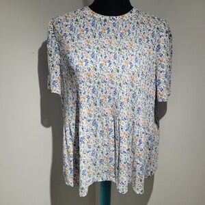 Adrianna Papell Women's Ditsy Floral Textured Short Sleeve Blouse Medium White